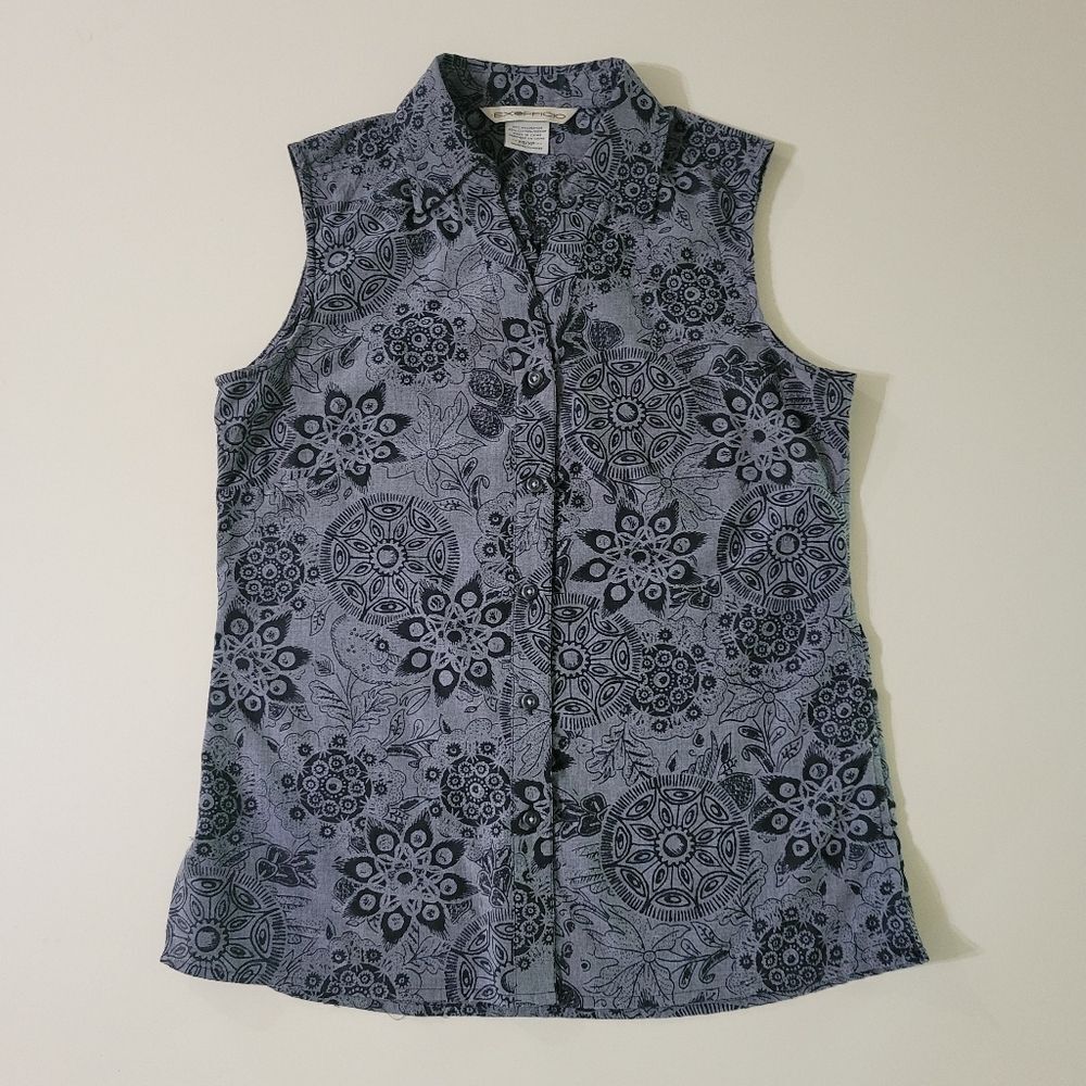 Exofficio Women's Gray Floral Sleeveless  V-neck Button-down Blouse